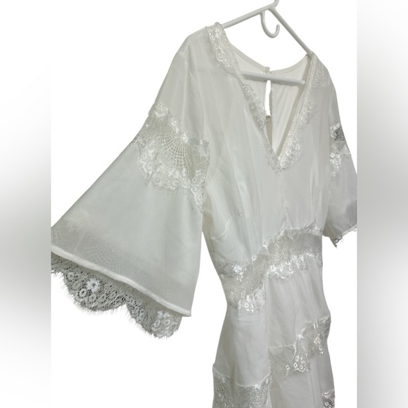 Tulle High Waist Hollow Out Lace Short Sleeve V Neck Long Dress - Picture 2 of 10